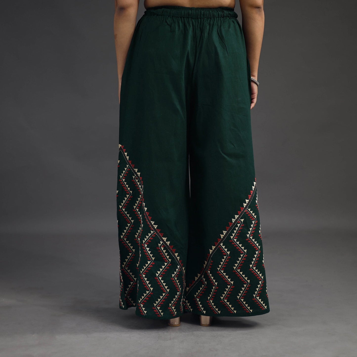 Buy Dark Green Kantha Hand Embroidery Palazzo in Cotton