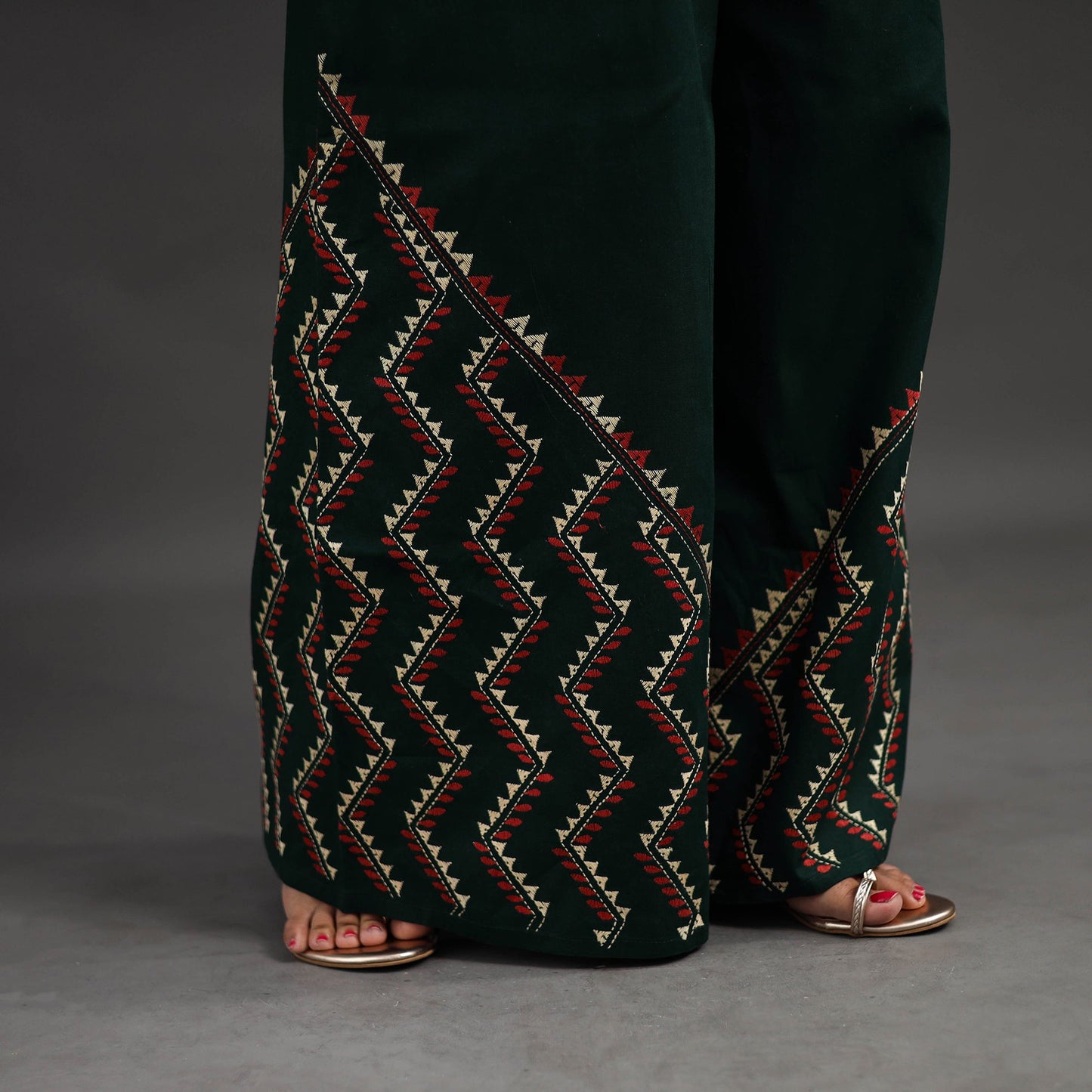 Buy Dark Green Kantha Hand Embroidery Palazzo in Cotton