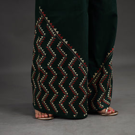 Buy Dark Green Kantha Hand Embroidery Palazzo in Cotton