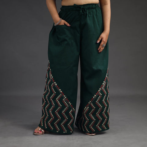Buy Dark Green Kantha Hand Embroidery Palazzo in Cotton