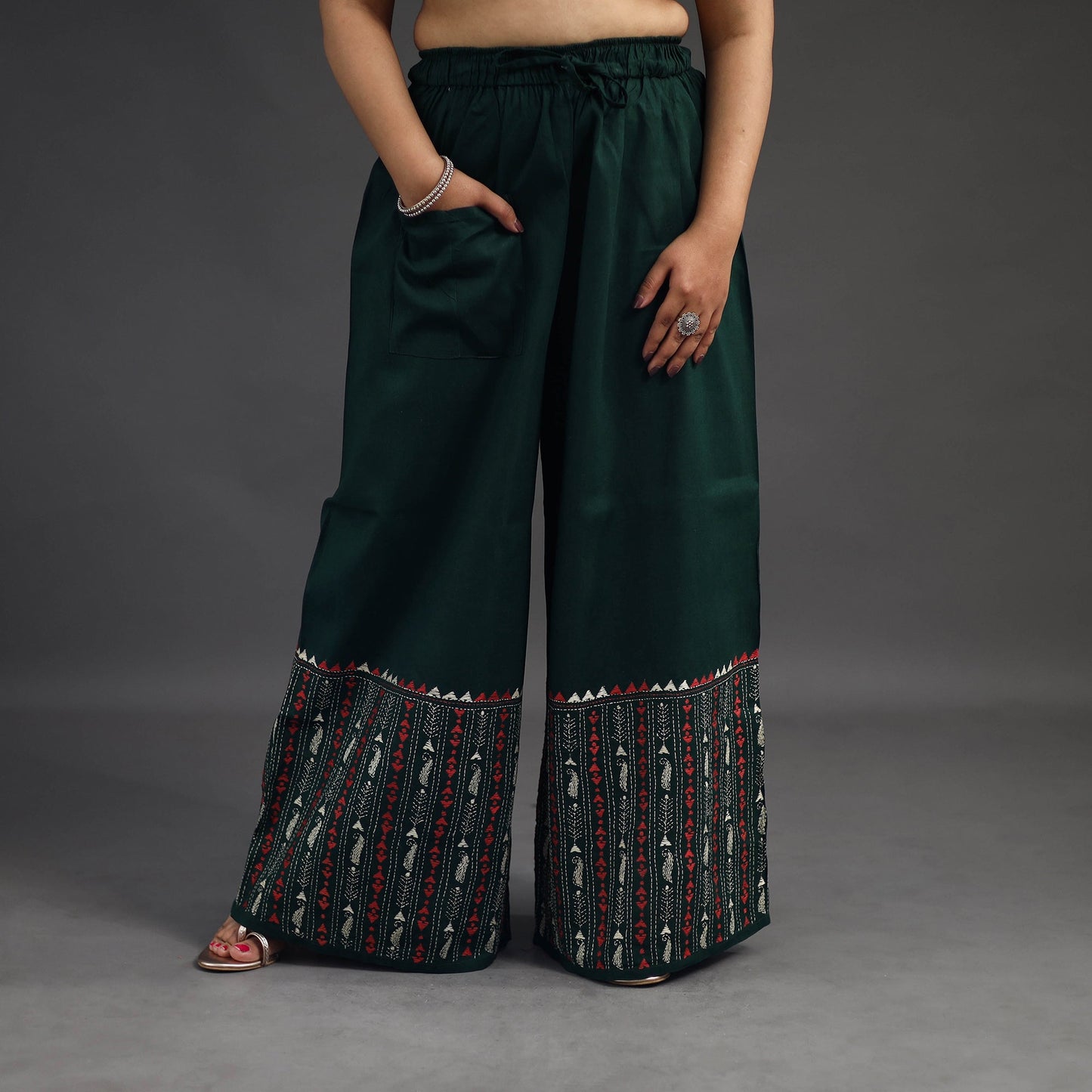 Buy Dark Green Kantha Hand Embroidery Palazzo in Cotton