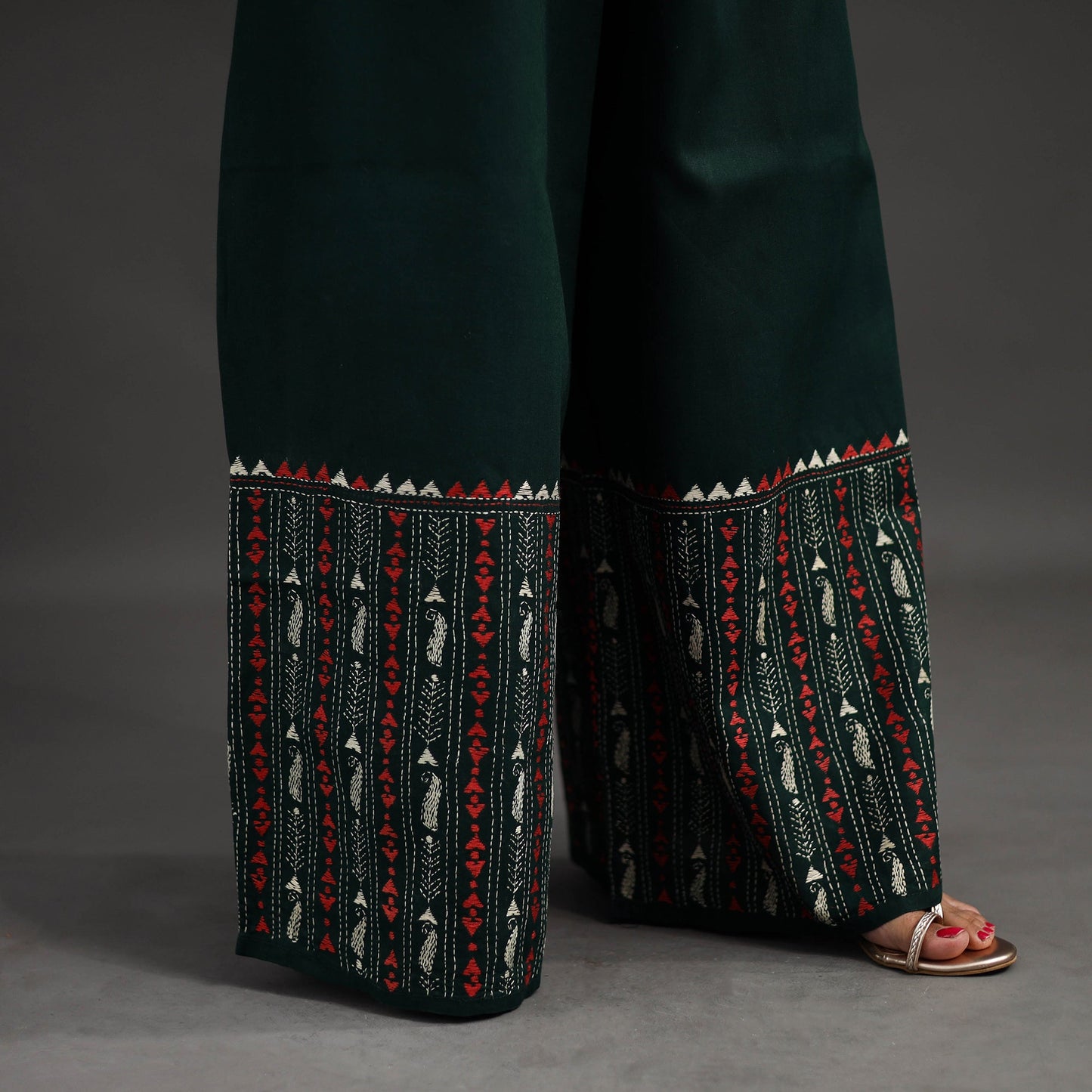 Buy Dark Green Kantha Hand Embroidery Palazzo in Cotton