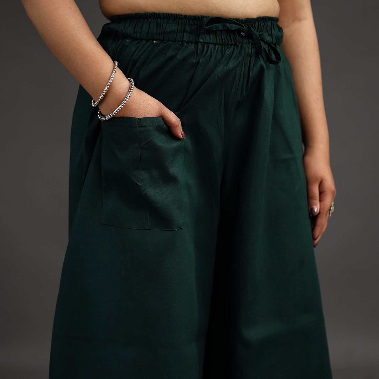 Buy Dark Green Kantha Hand Embroidery Palazzo in Cotton