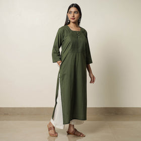 Dark Green - Plain Cotton Pintuck Long Kurta 24