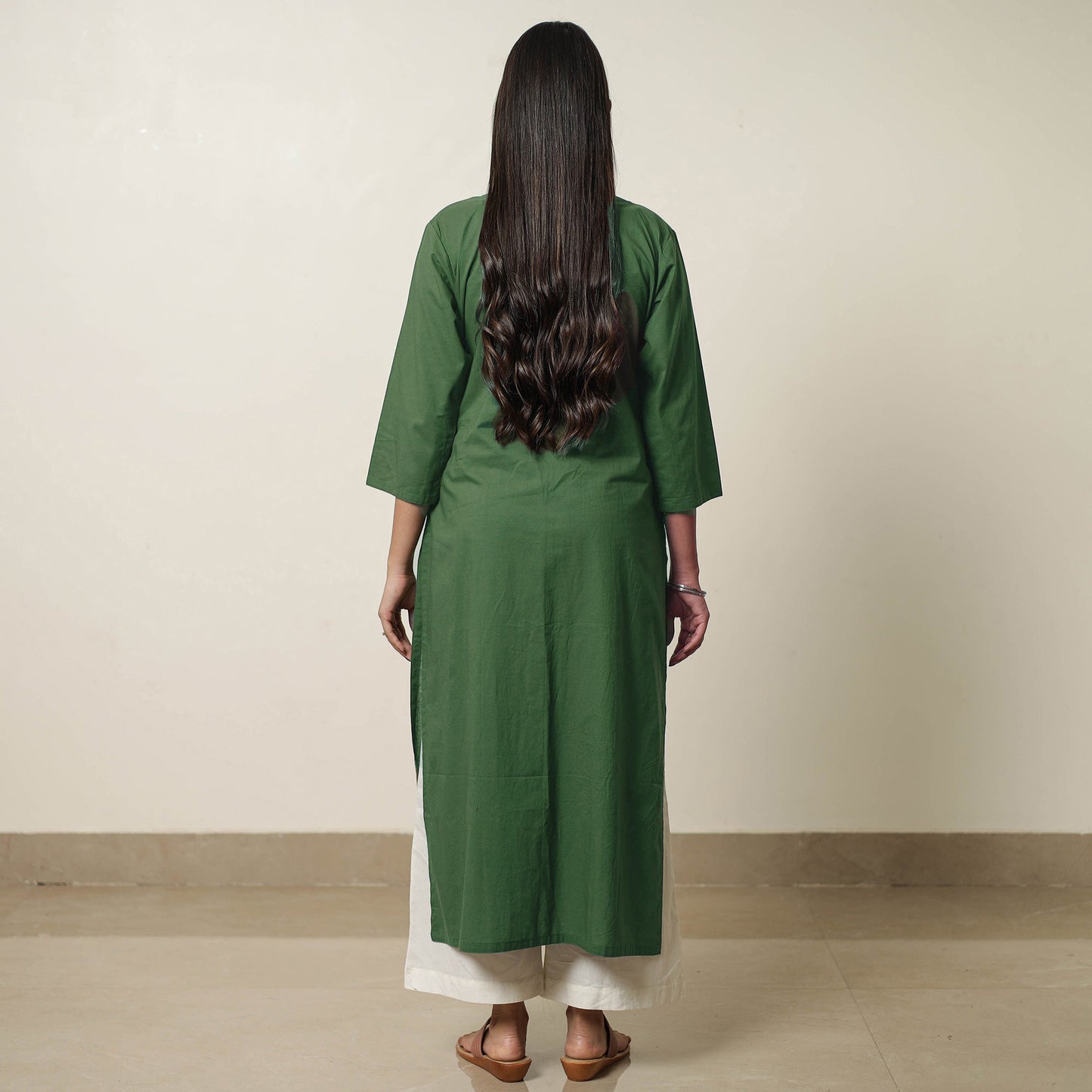 Dark Green - Plain Cotton Pintuck Long Kurta 24