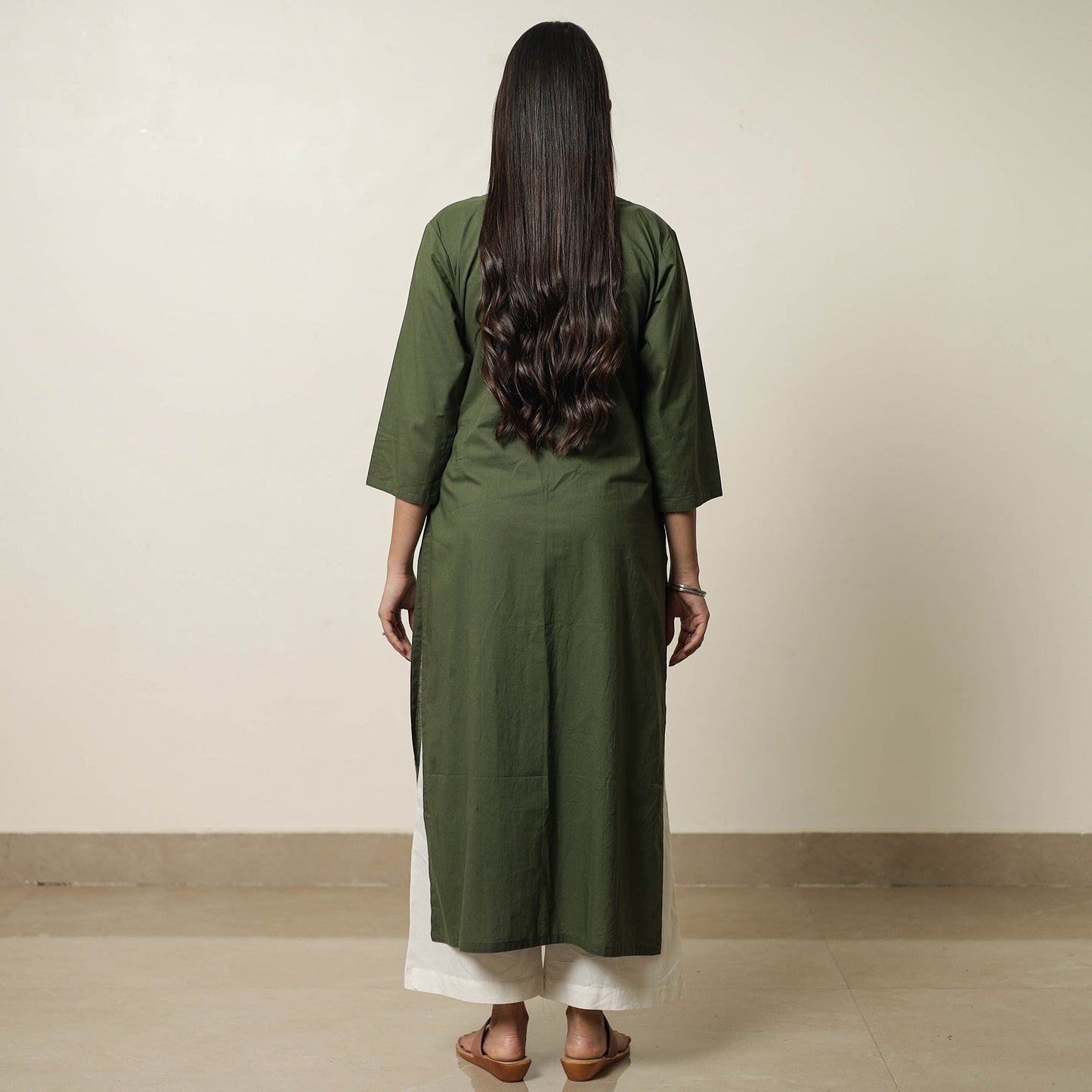 Dark Green - Plain Cotton Pintuck Long Kurta 24