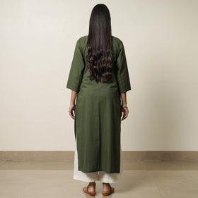 Dark Green - Plain Cotton Pintuck Long Kurta 24