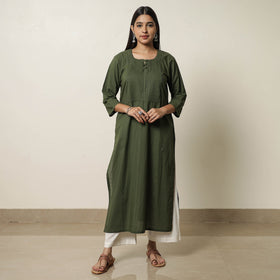 Dark Green - Plain Cotton Pintuck Long Kurta 24