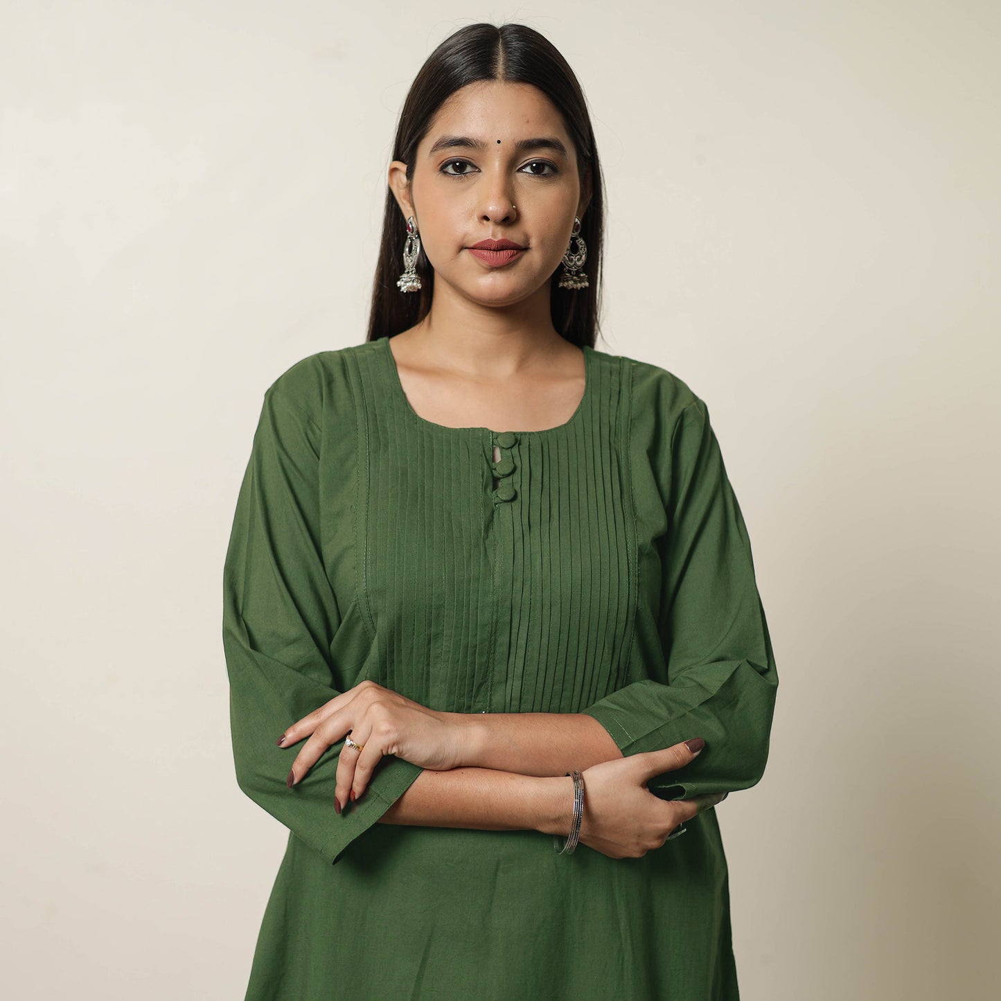 Dark Green - Plain Cotton Pintuck Long Kurta 24
