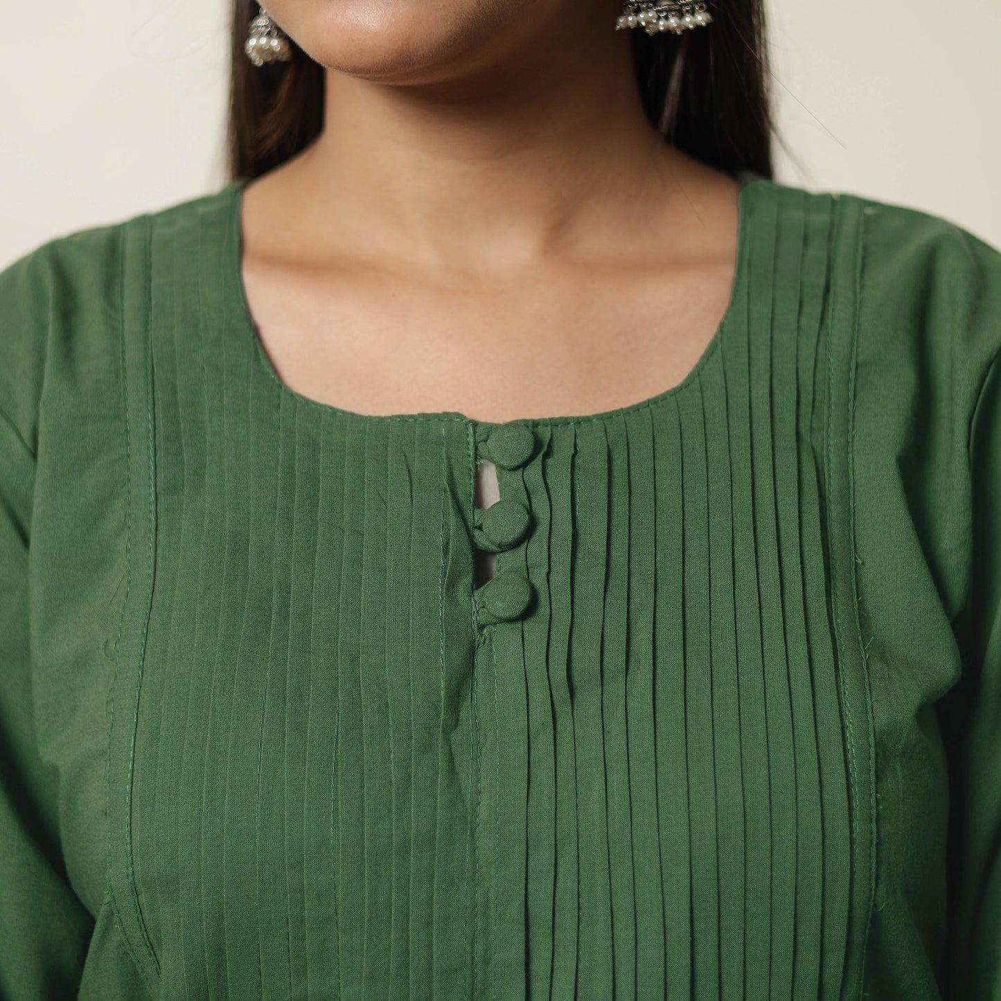 Dark Green - Plain Cotton Pintuck Long Kurta 24