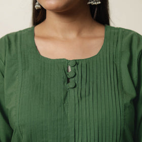 Dark Green - Plain Cotton Pintuck Long Kurta 24