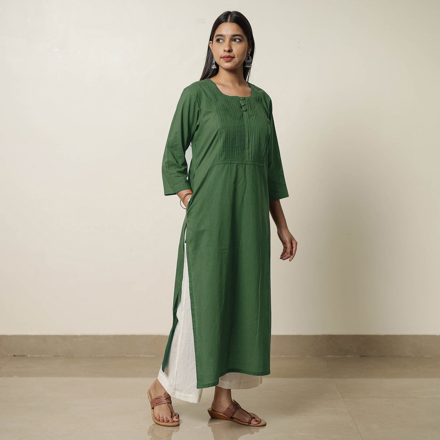 Dark Green - Plain Cotton Pintuck Long Kurta 24
