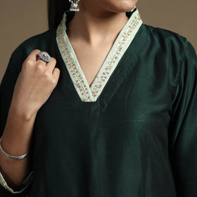  Plain Solid Slub Silk Kurta with Beadwork Hand Embroidery Lace 