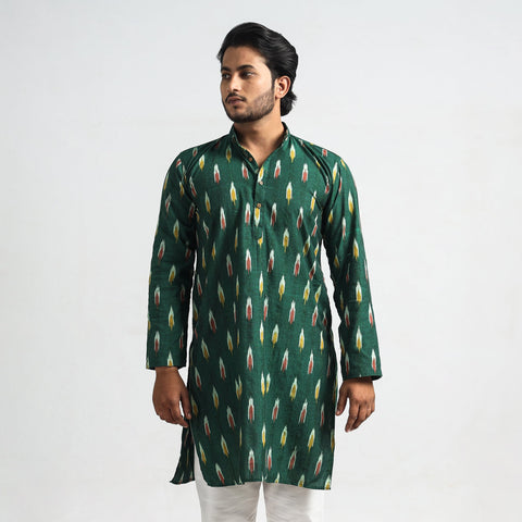 Dark Green - Pochampally Ikat Cotton Men Long Kurta