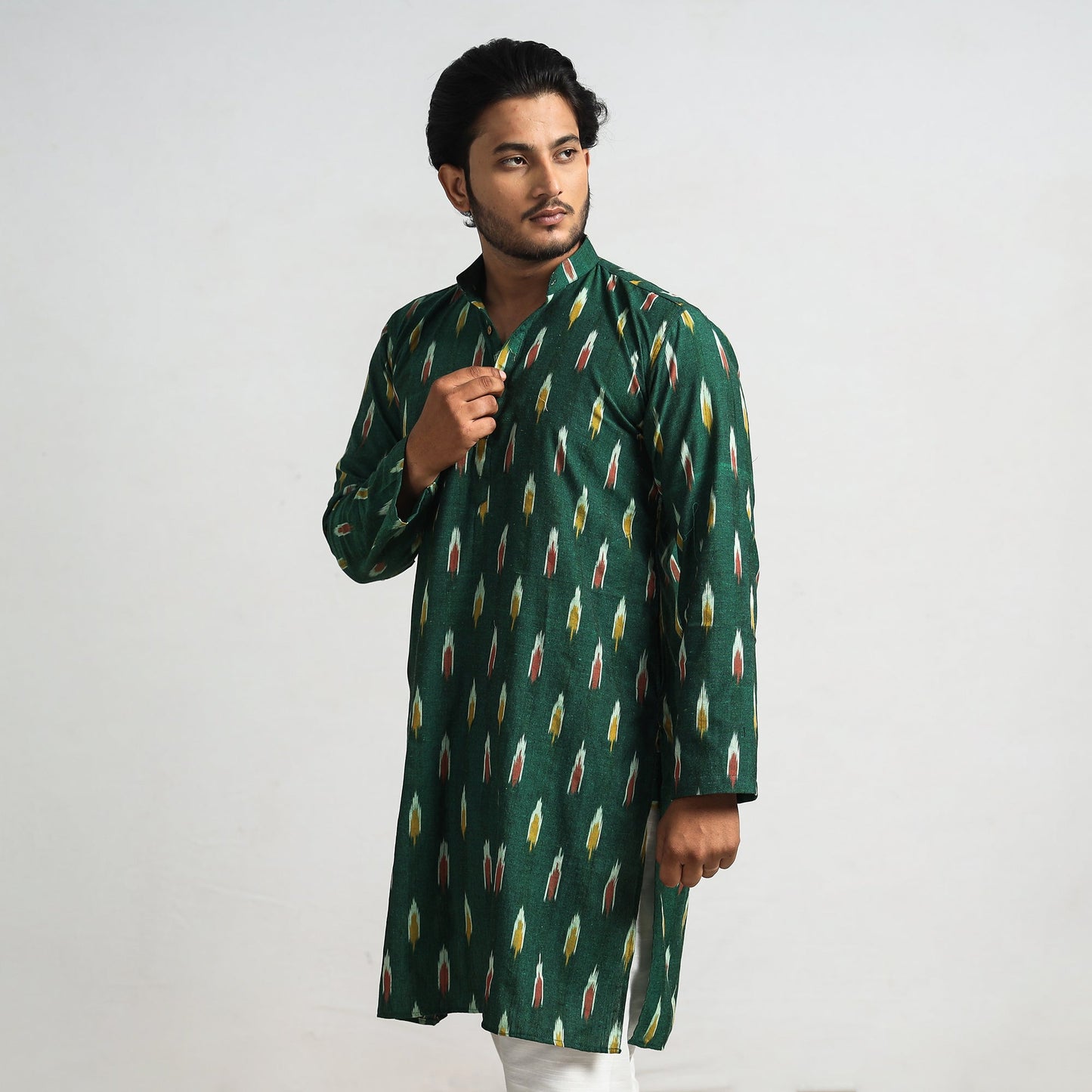 Dark Green - Pochampally Ikat Cotton Men Long Kurta