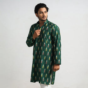 Dark Green - Pochampally Ikat Cotton Men Long Kurta