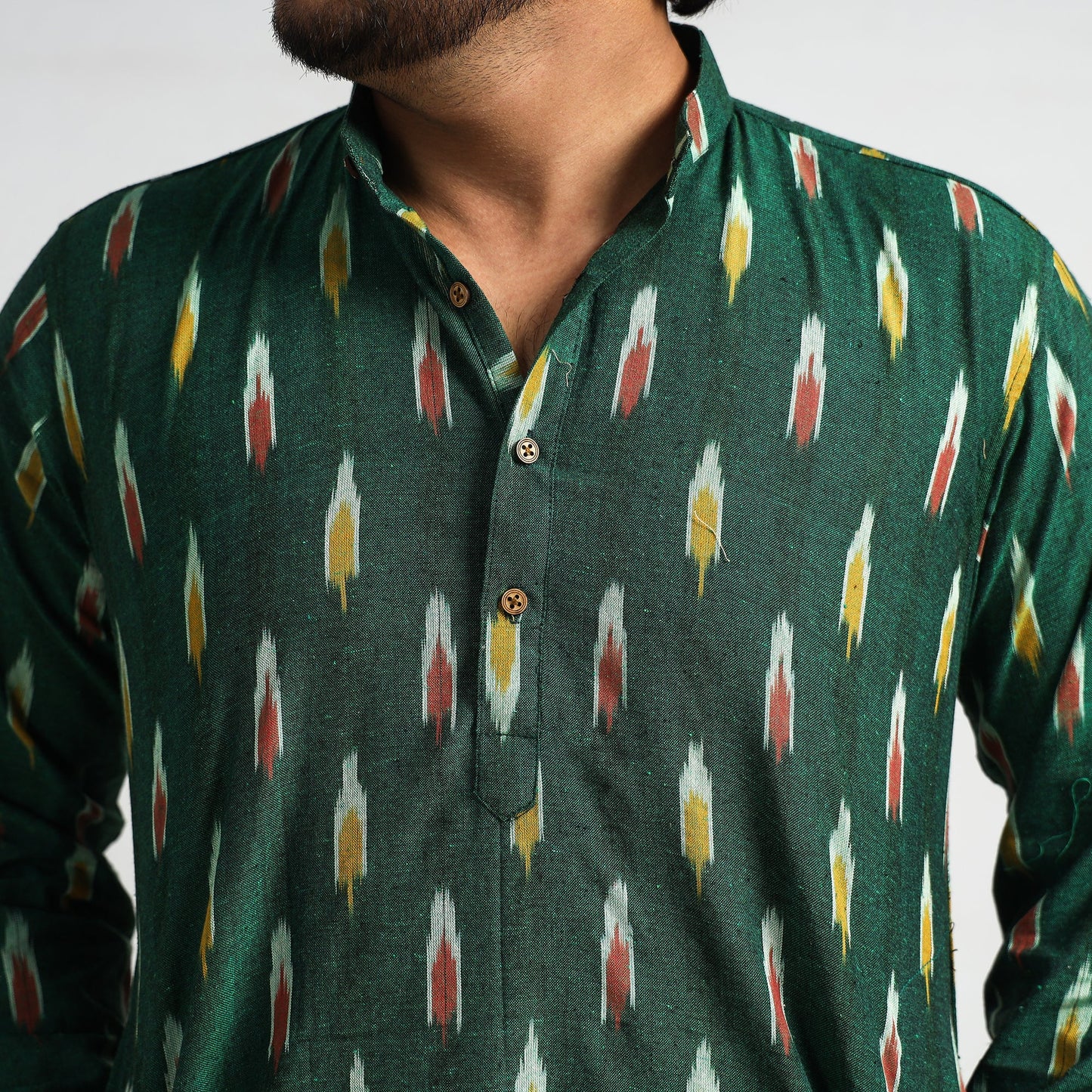Dark Green - Pochampally Ikat Cotton Men Long Kurta