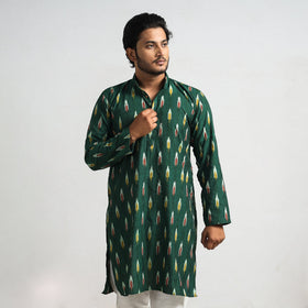 Dark Green - Pochampally Ikat Cotton Men Long Kurta