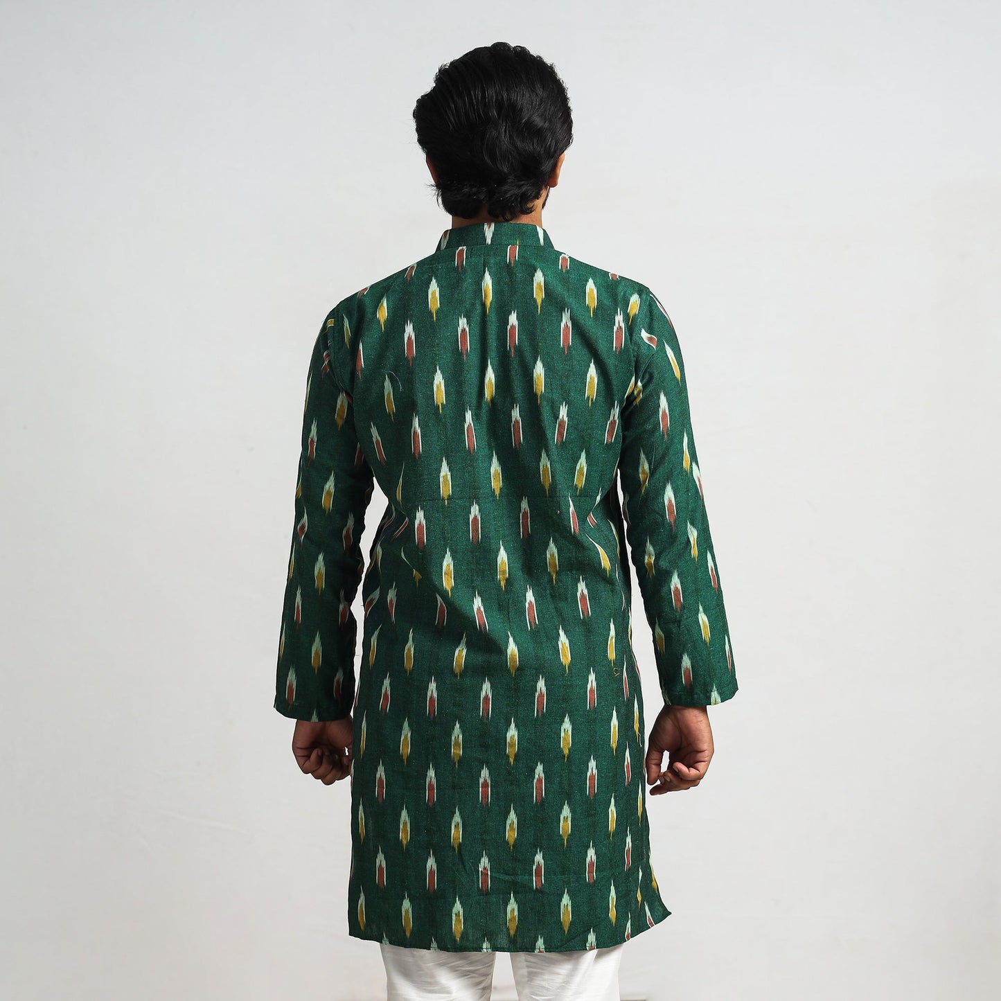 Dark Green - Pochampally Ikat Cotton Men Long Kurta
