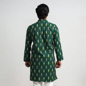 Dark Green - Pochampally Ikat Cotton Men Long Kurta