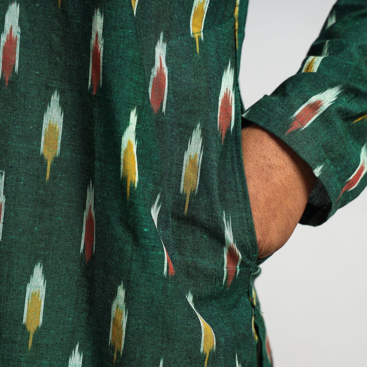 Dark Green - Pochampally Ikat Cotton Men Long Kurta