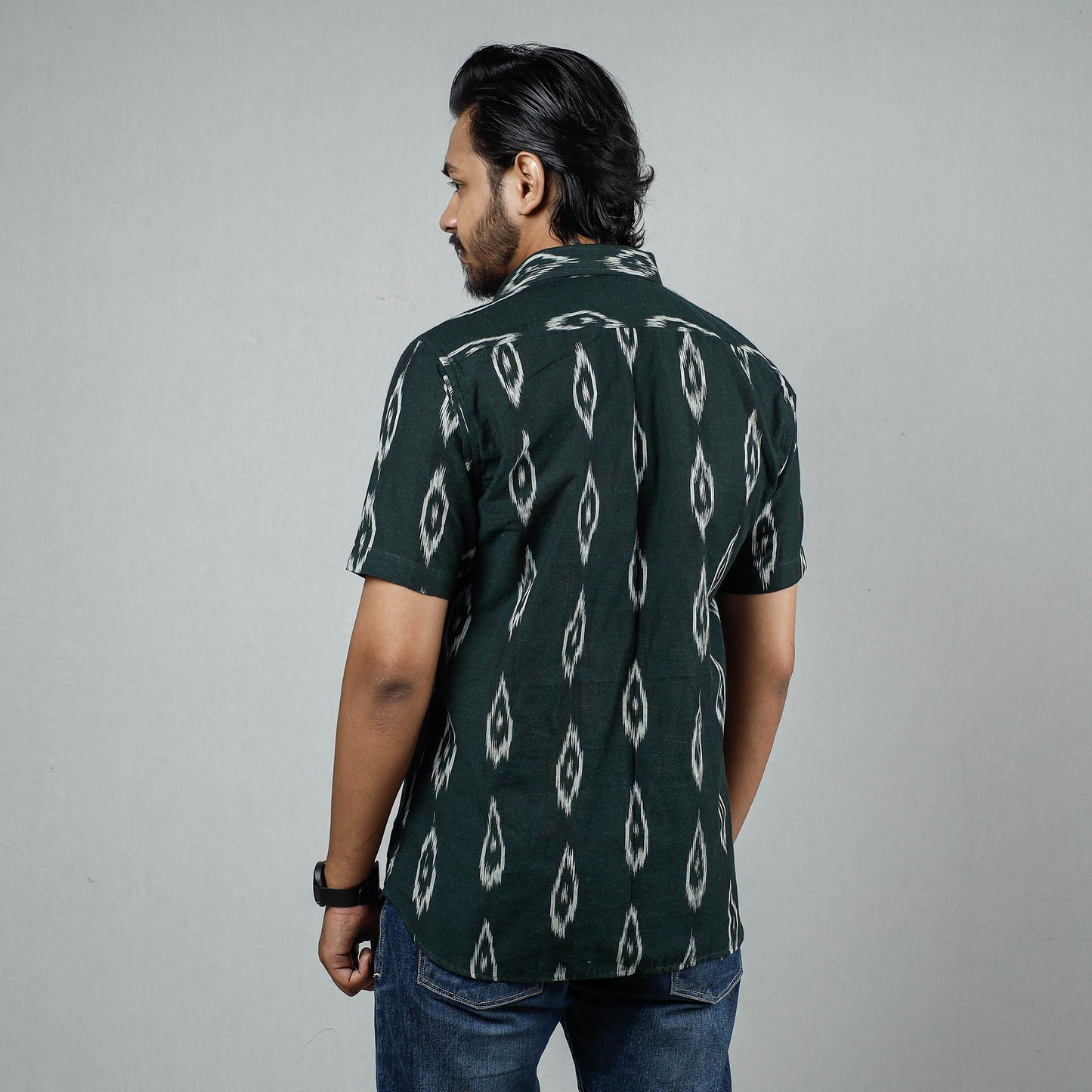 Dark green - pochampally ikat weave cotton men half sleeve