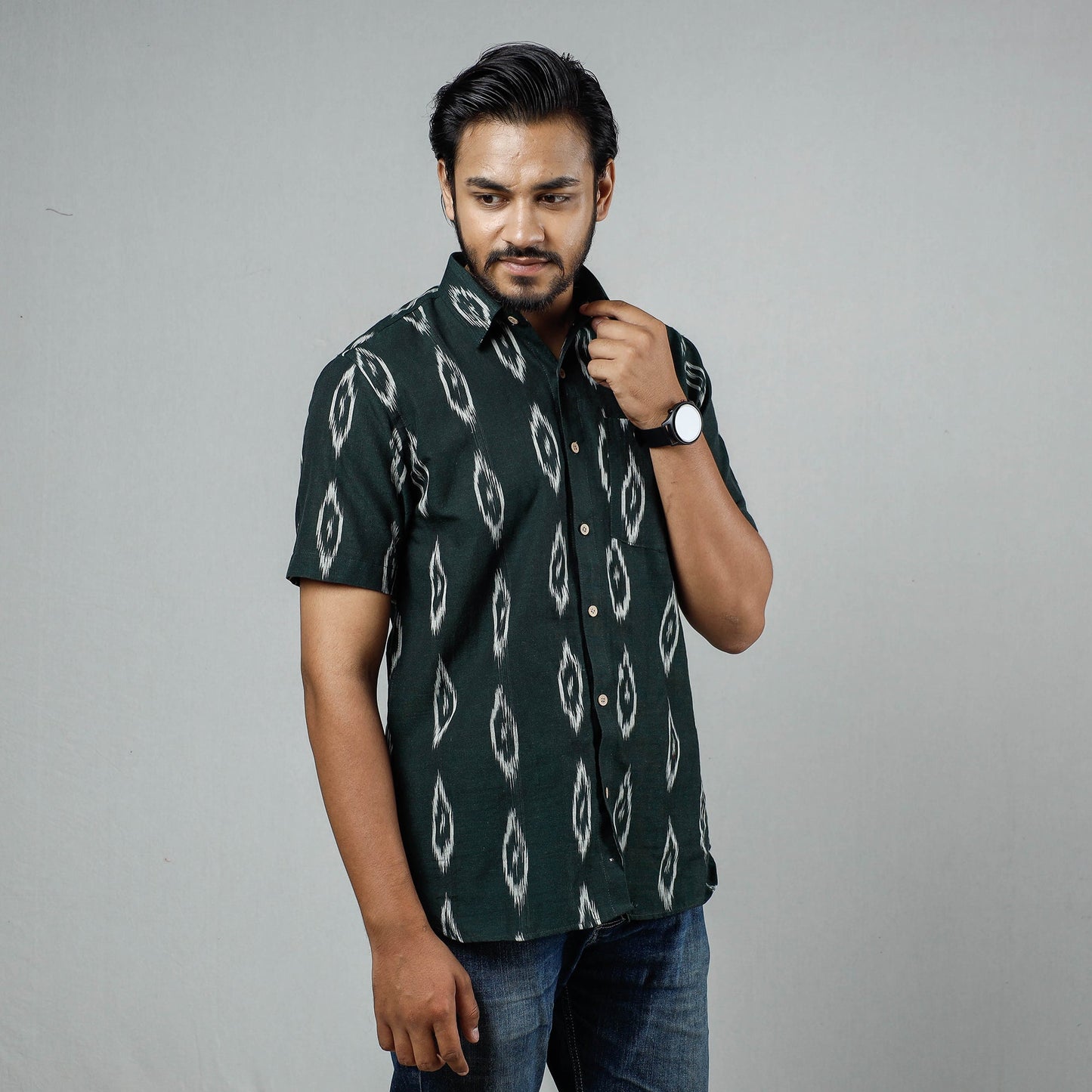 Dark green - pochampally ikat weave cotton men half sleeve