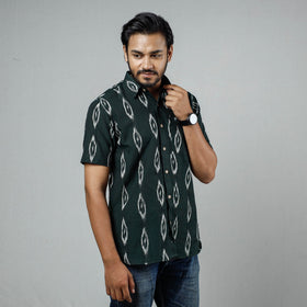 Dark green - pochampally ikat weave cotton men half sleeve