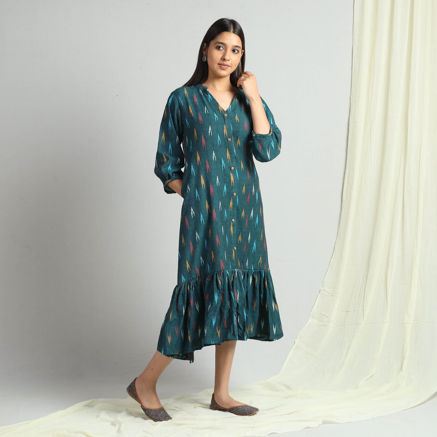 Dark Green - Pochampally Ikat Weave Flare Cotton Dress