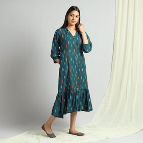 Dark Green - Pochampally Ikat Weave Flare Cotton Dress