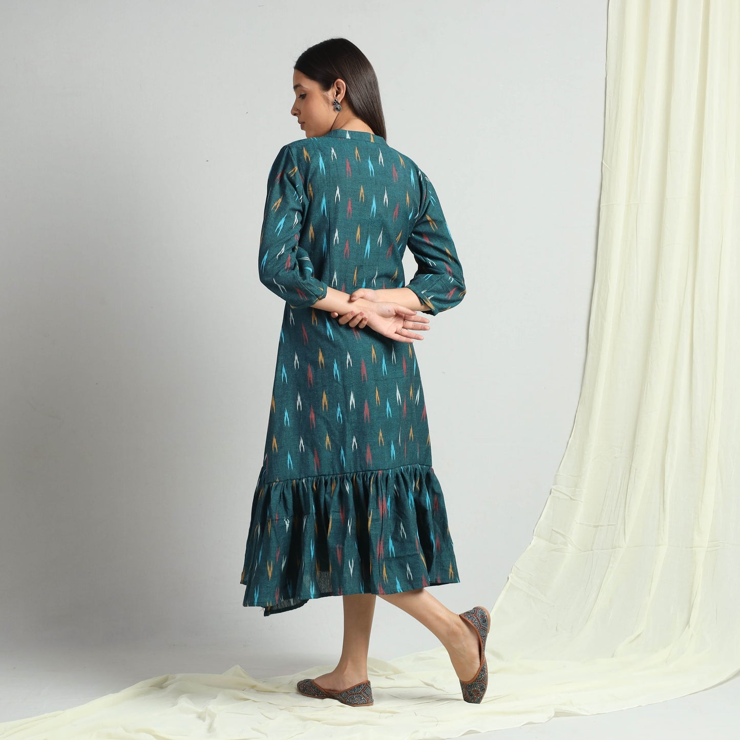 Dark Green - Pochampally Ikat Weave Flare Cotton Dress
