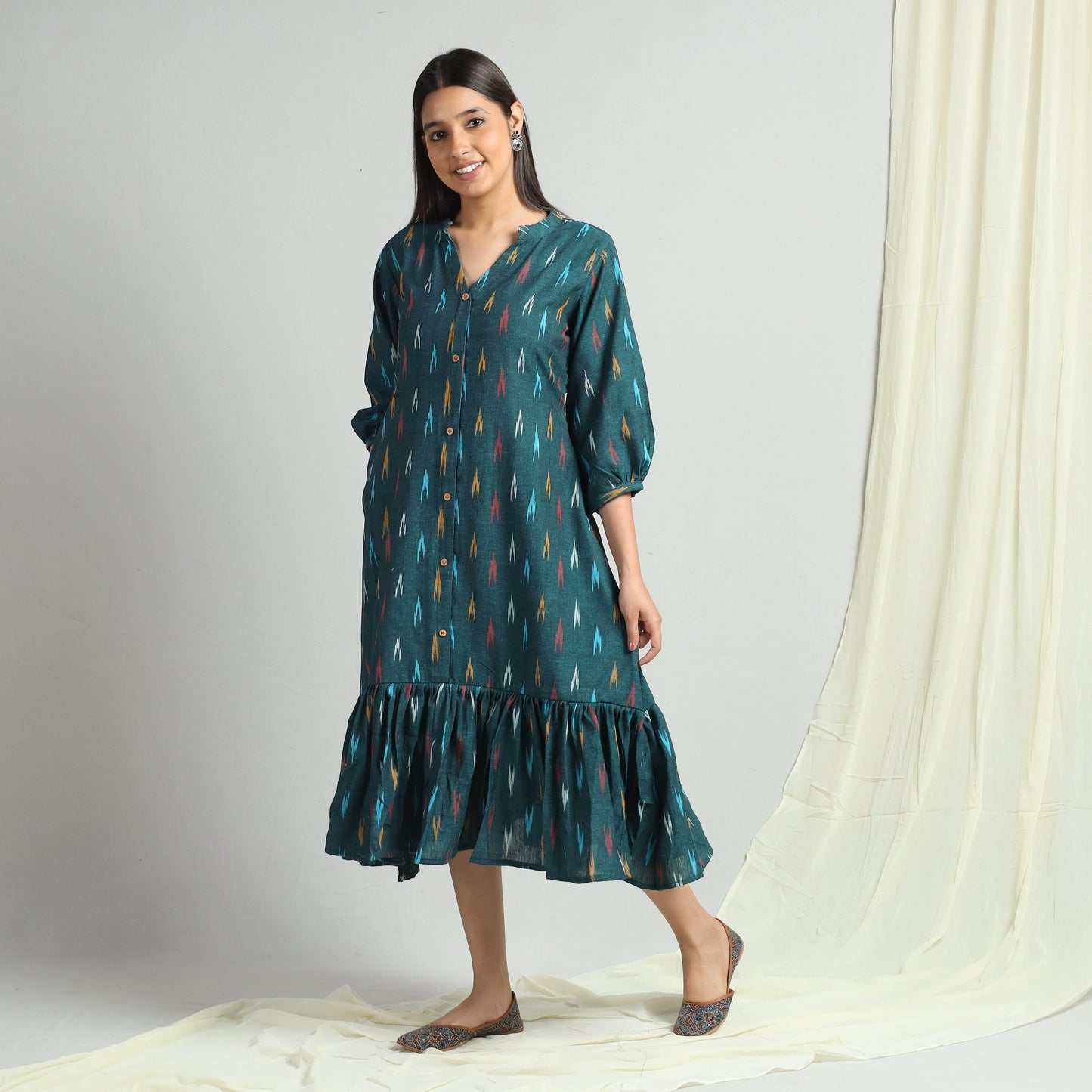 Dark Green - Pochampally Ikat Weave Flare Cotton Dress