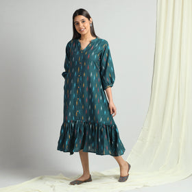 Dark Green - Pochampally Ikat Weave Flare Cotton Dress