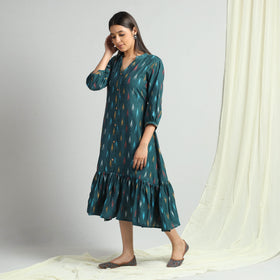 Dark Green - Pochampally Ikat Weave Flare Cotton Dress