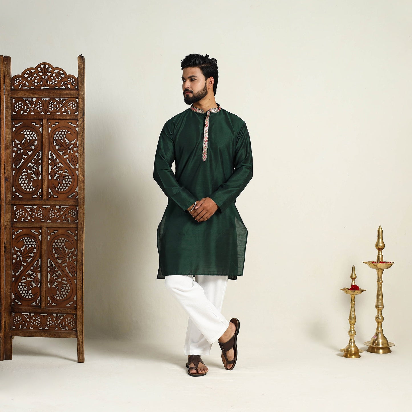Dark Green Slub Silk Kurta for Men with Embellished Neckline Work