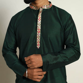 Dark Green Slub Silk Kurta for Men with Embellished Neckline Work