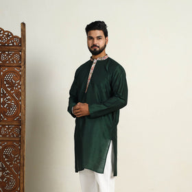 Dark Green Slub Silk Kurta for Men with Embellished Neckline Work