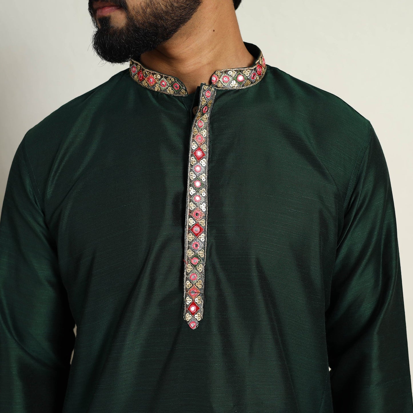 Dark Green Slub Silk Kurta for Men with Embellished Neckline Work