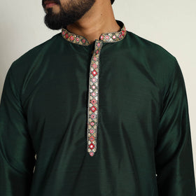 Dark Green Slub Silk Kurta for Men with Embellished Neckline Work