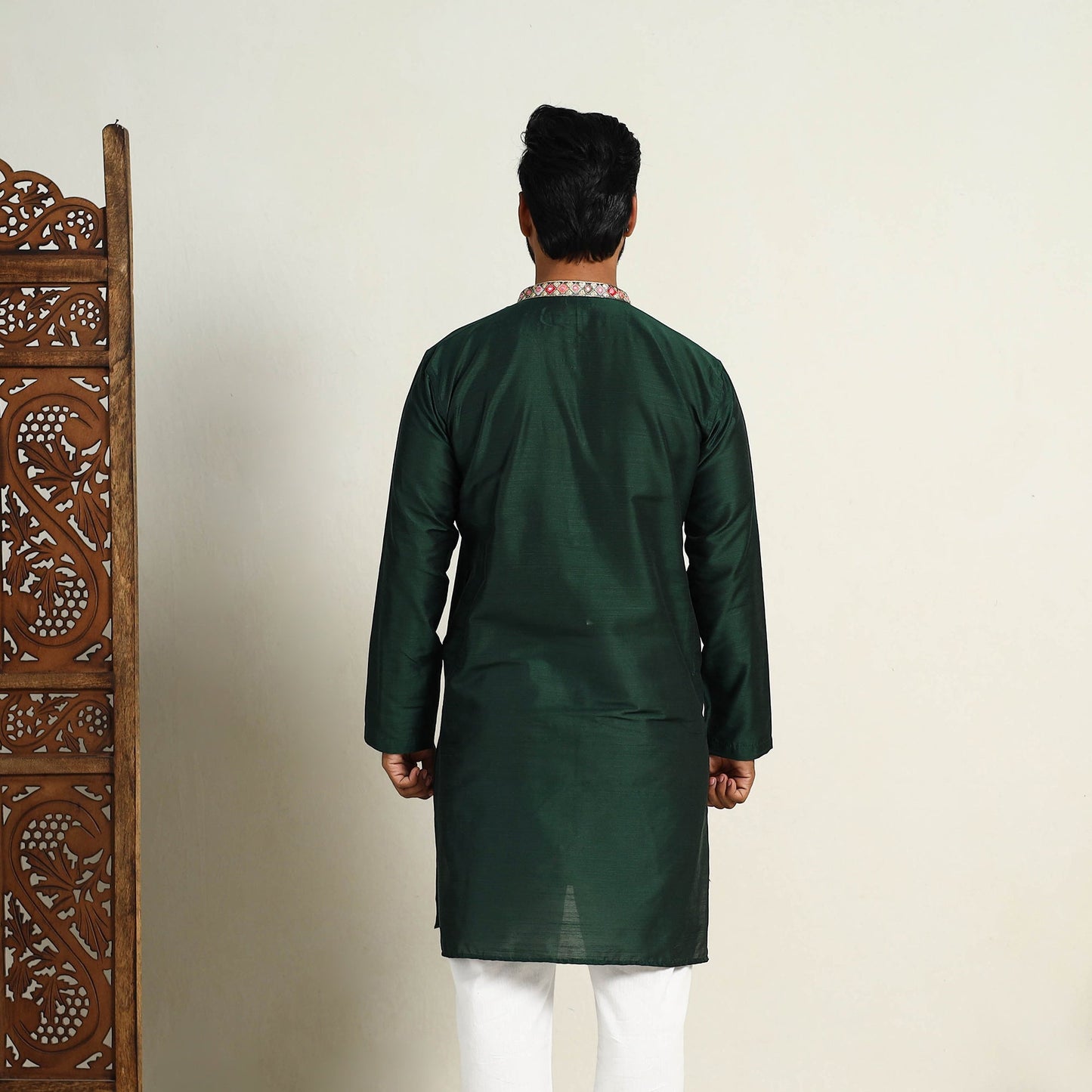 Dark Green Slub Silk Kurta for Men with Embellished Neckline Work