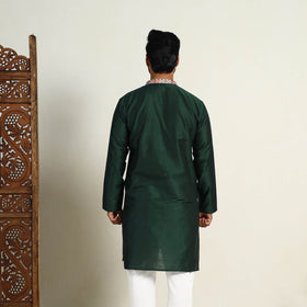 Dark Green Slub Silk Kurta for Men with Embellished Neckline Work