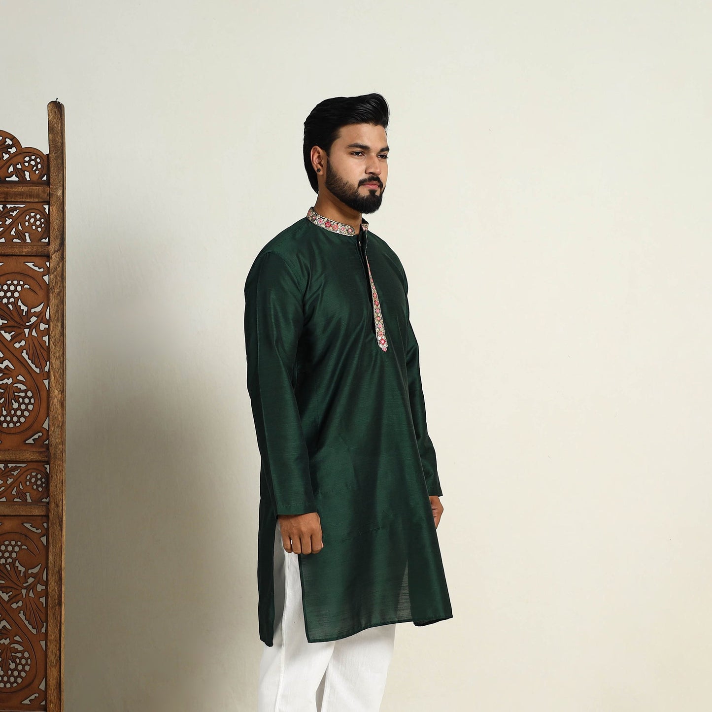 Dark Green Slub Silk Kurta for Men with Embellished Neckline Work