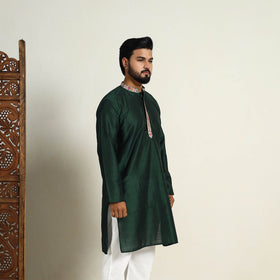 Dark Green Slub Silk Kurta for Men with Embellished Neckline Work
