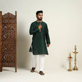 Dark Green Slub Silk Kurta for Men with Embellished Neckline Work