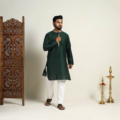 Dark Green Slub Silk Kurta for Men with Embellished Neckline Work