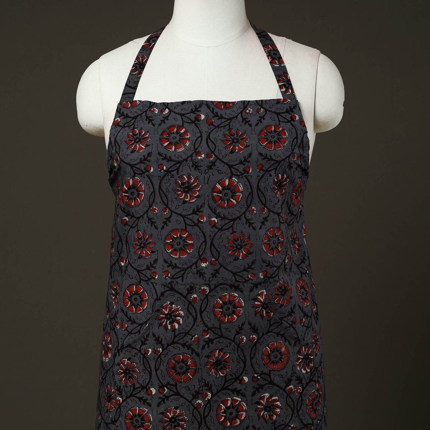 Dark grey - bagru cotton apron with pocket 27 - handcrafted