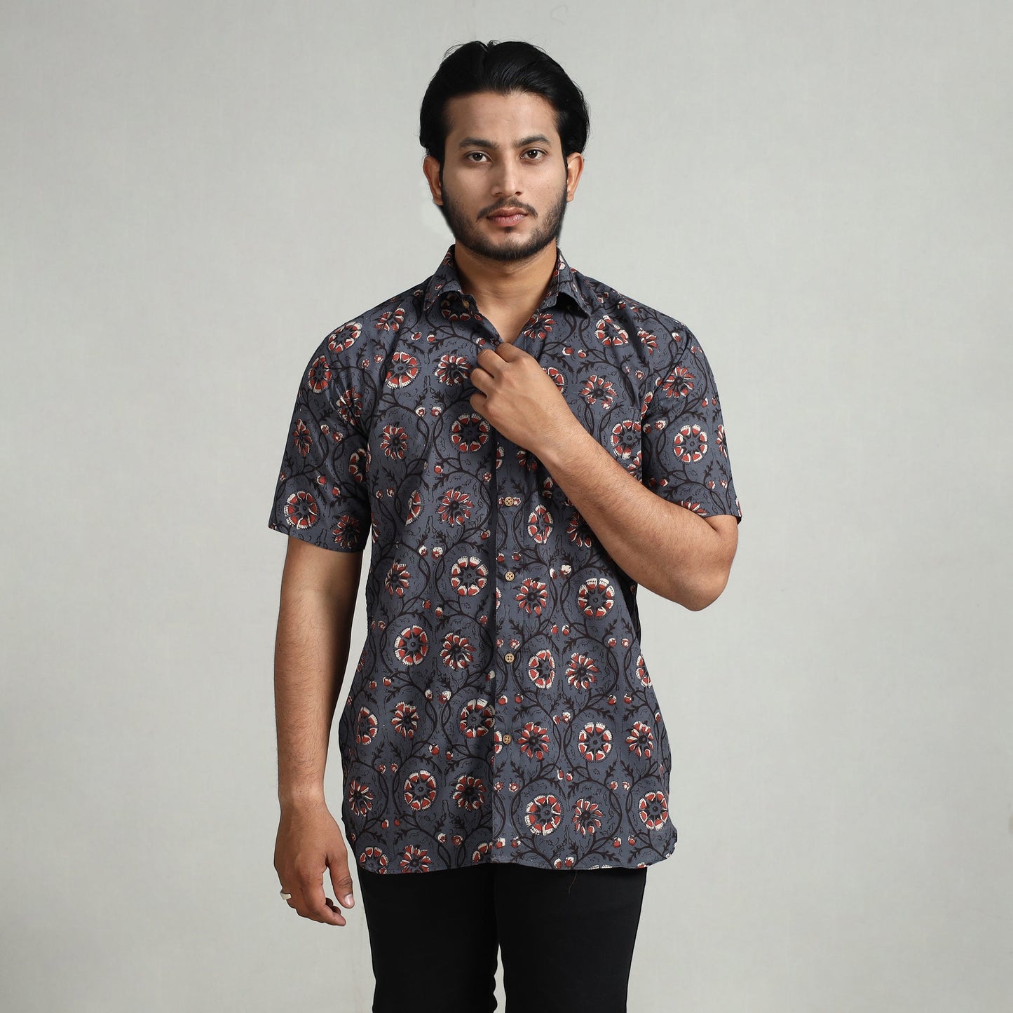  Bagru Block Printed Cotton Men Half Sleeve Shirt 