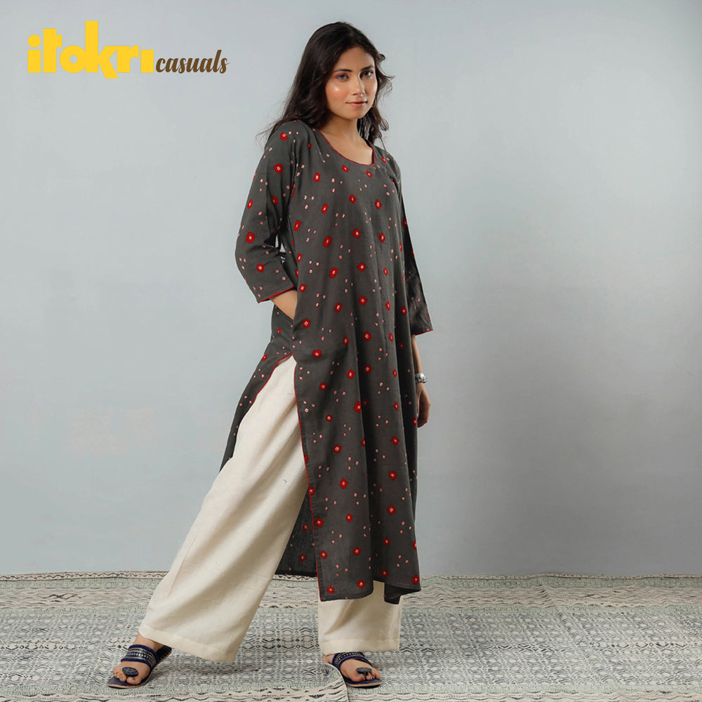 Dark Grey - Bandhani Tie-dye Cotton Long Straight Kurta