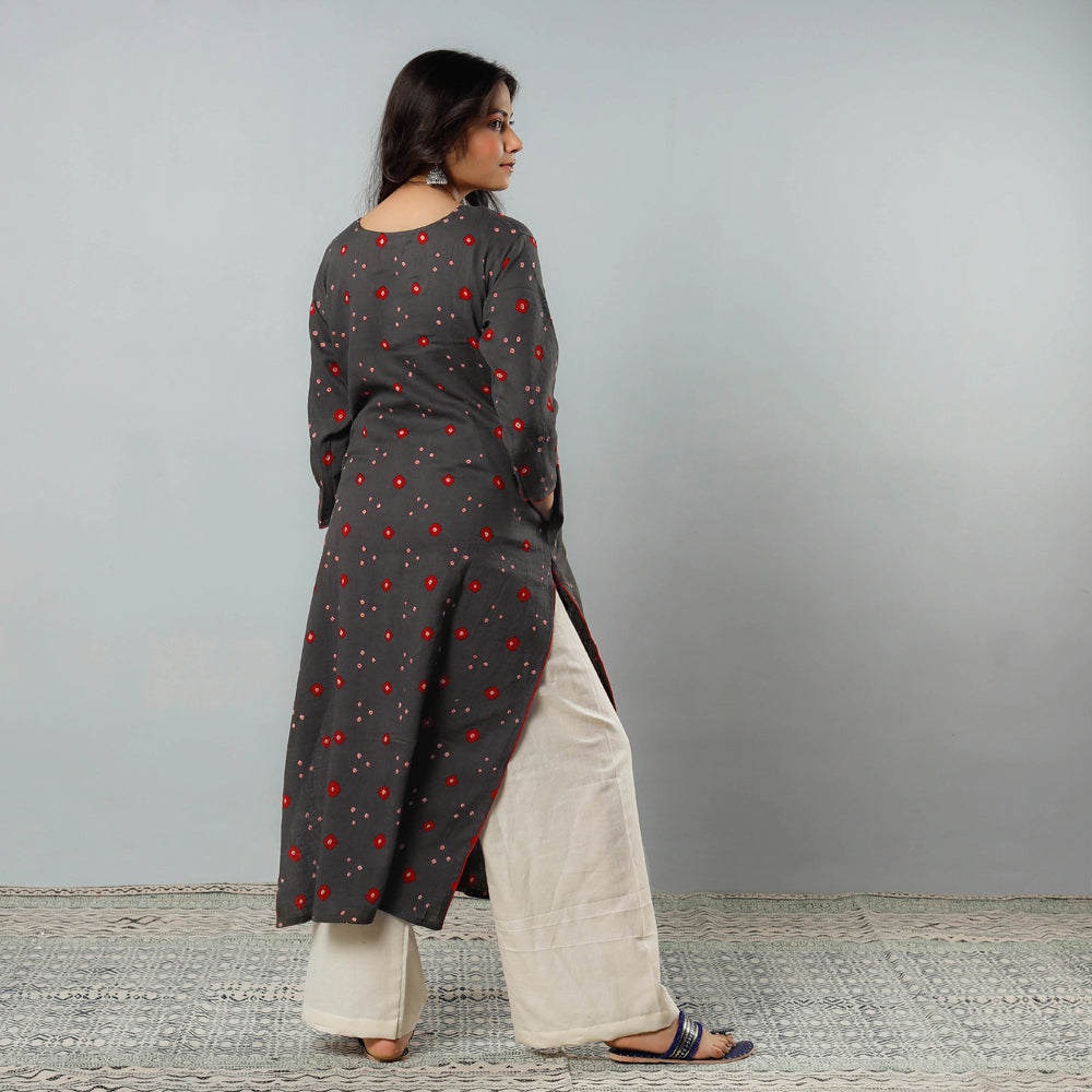 Dark Grey - Bandhani Tie-dye Cotton Long Straight Kurta