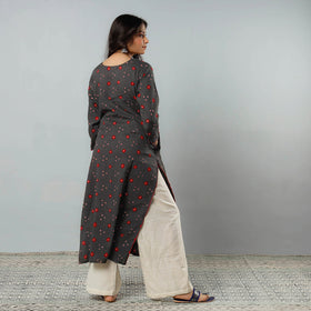 Dark Grey - Bandhani Tie-dye Cotton Long Straight Kurta